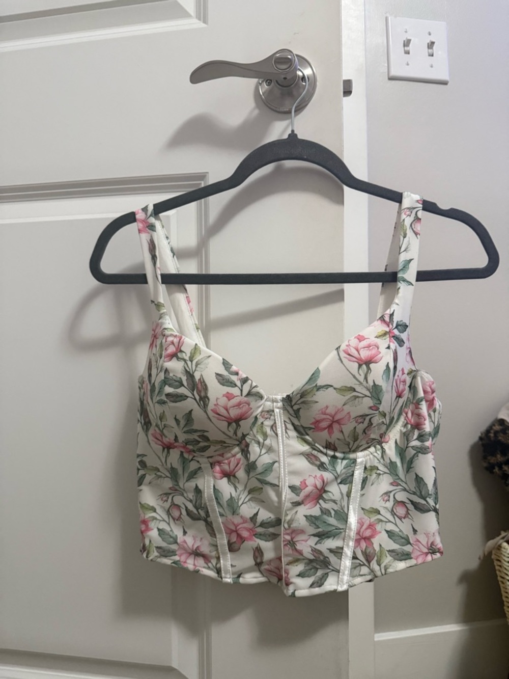 Windsor White Floral Bustier Crop Top with Pink and Green